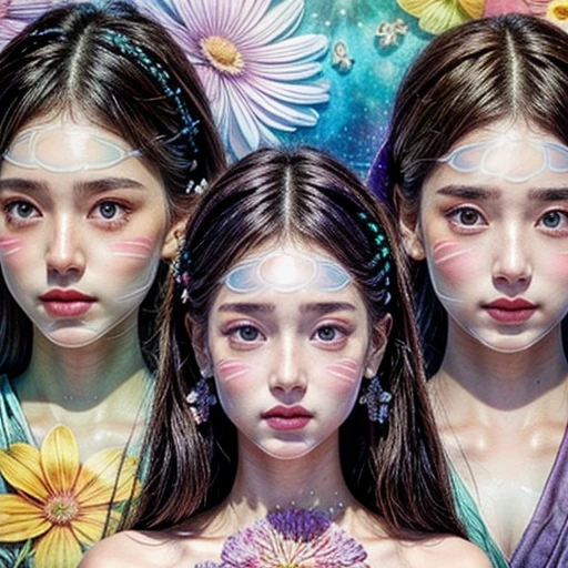 { SFW | NSFW | ((No clothes)) }, (Only faces and flowers in composition), (masterpiece, top quality, Surrealism, concept art, beautiful and aesthetic), (Photorealsitic, Hyper-Realism:1.37), Close-up (3 girls), (((Extremely detailed NOGIZAKA face variations))), All Faces surrounded by flowers, Ultra-detailed,(colorful:1.1),(falling petals:1.2), (Dazzling Self-Luminous floral background:1.4), (Radiant PearlSkin, Elaborate detailed Eyes with sparkling highlights), (many colors:1.4), (Space Filled with all flowers), (Everything except faces covered with fresh flowers:1.2), (invisible body:1.5), (body:-1) .