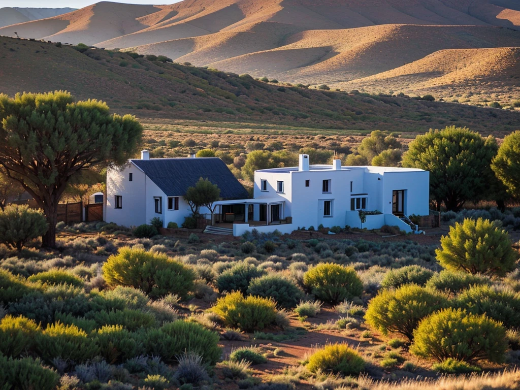 Late autumn landscape on the Karoo, house surrounded by small trees and bushes, sunrise, no snow, sheep in field, sunrise,