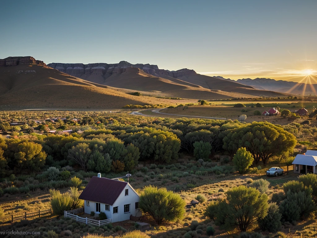Late autumn landscape on the Karoo, house surrounded by small trees and bushes, sunrise, no snow, sheep in field, sunrise,