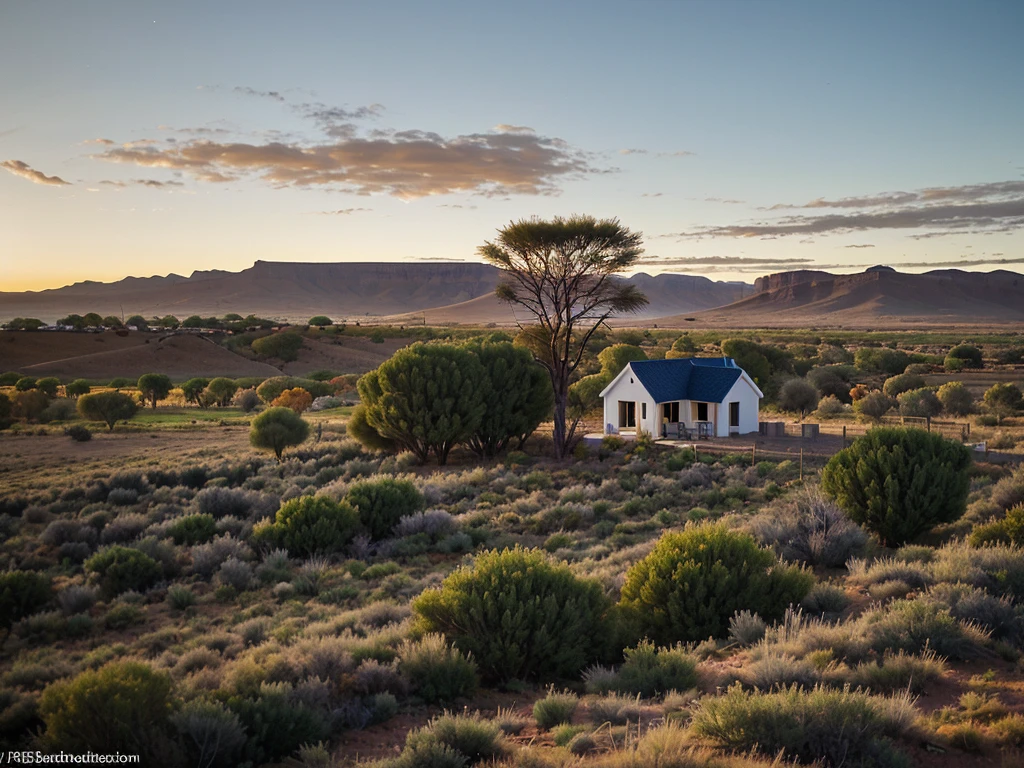 Late autumn landscape on the Karoo, house surrounded by small trees and bushes, sunrise, no snow, sheep in field, sunrise, 