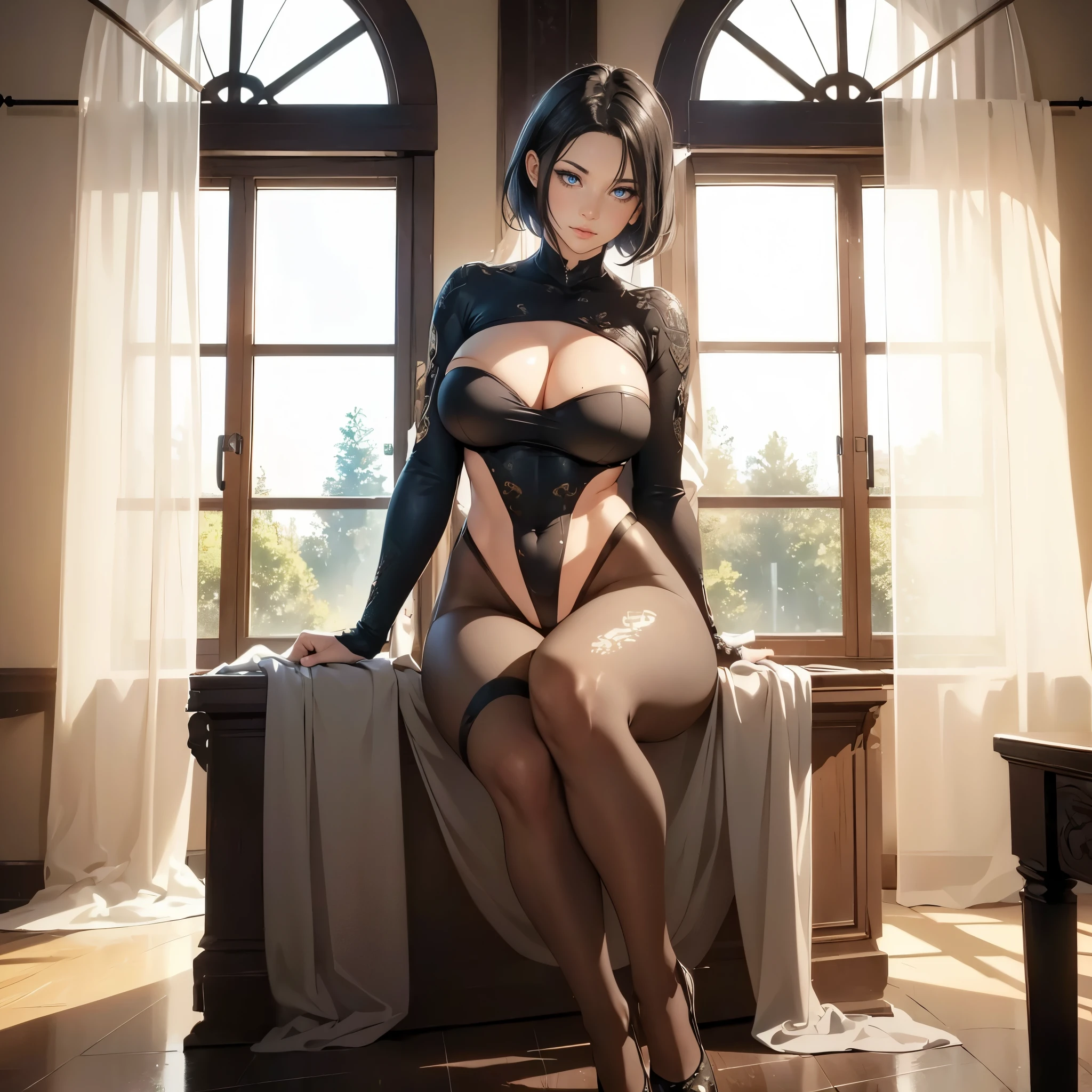 ((1girl, solo, full body, full body front)), ((sitting)), (perfect anatomy, perfect hands, perfect legs), beautiful body, natural proportions BREAK

extremely detailed face, (beautiful detailed eyes:1.6), (realistic pupils, realistic iris:1), expressive eyes, looking at viewer, (hyperrealistic:1), (detailed skin texture:1.2), smooth skin, (black  hair), (blue eyes), (short hair:1.3), (mature female:1.5), (well-lit face:1.5), (no facial shadows:1.5), (large breast:1.3) BREAK

(skin tight:1.5) BREAK

(masterpiece:1.2), best quality, high resolution, (highly detailed shading:0.5), (realistic lighting:1.6), anime-style, perfect lighting, bright lighting, vibrant colors, dynamic tones, striking hues, 8k, absurd resolution, perfect shadows, hdr, UHD, ambient lighting, realistic, ultra-realistic, photo realistic, highly detailed, rich detail, luminous colors, fine texture, intricate design, professional illustration, (soft light:1.5), (illustration:0.8)