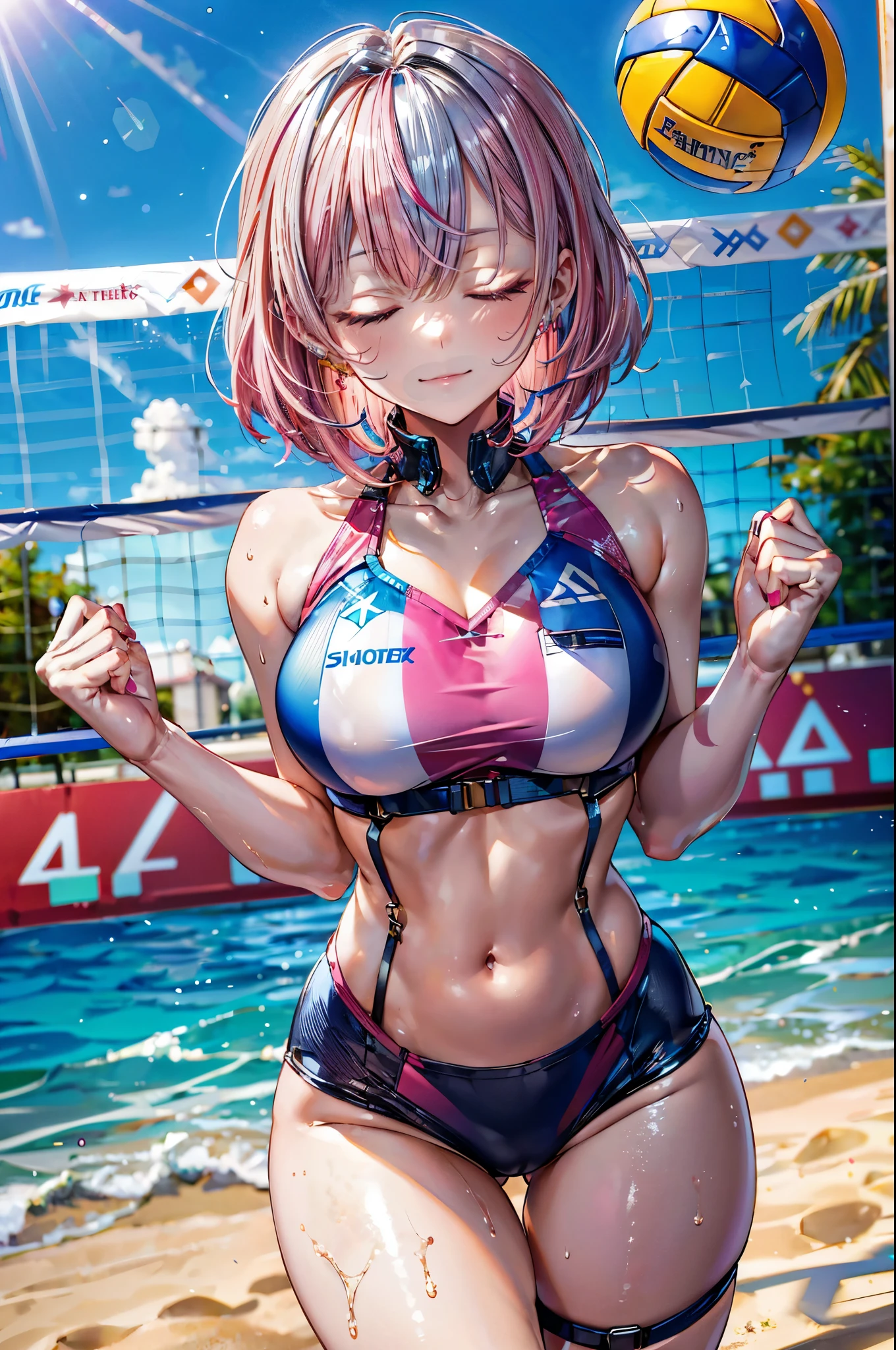 top-quality、Full limbs、complete fingers、One beautiful woman、(Beautiful Large Breasts:1.5)、Long ponytail、Pink hair、Purple competitive swimsuit、appearance々Swimwear with colored lines、Wet texture、A big smile、swimming stadium、sexypose、Floating on the surface of the water