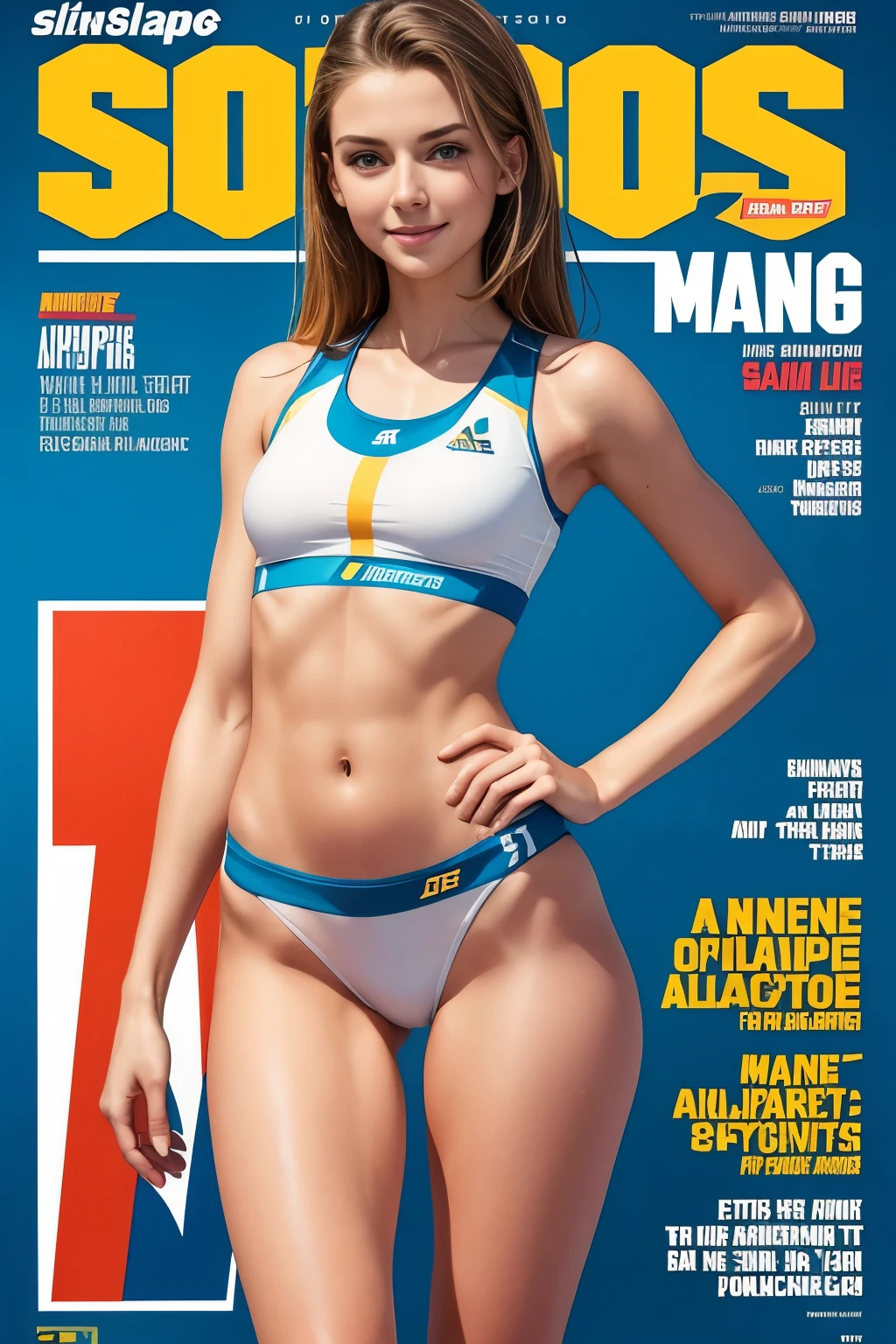 sports magazine cover, young woman, (Anne-Sophie Lapix), (slim:1.2), 18yo, (Athletics outfits), (flat chest:0.8), perfect body, smile, full body, thigh gap:1.4