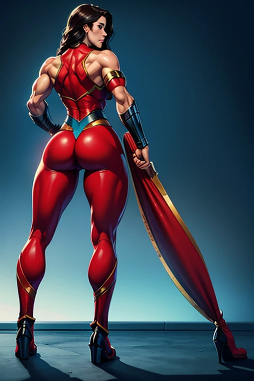 Natural Beauty,(Masterpiece),(Gina Carano),(Accurate Face Proportion),(Classic Wonder Outfit), Vibrant colour tone,(Full Body View Visible),(Athletic Physique),(Wide Hips),(Toned Arms and Legs), Heroic Stance with Emphasis on Buttocks: From behind, Wonder Woman stands tall with her feet shoulder-width apart and her hands on her hips. The tight suit clings snugly to her figure, highlighting the shape of her buttocks and the curve of her hips. The detailed fit showcases her athletic build and confident posture.