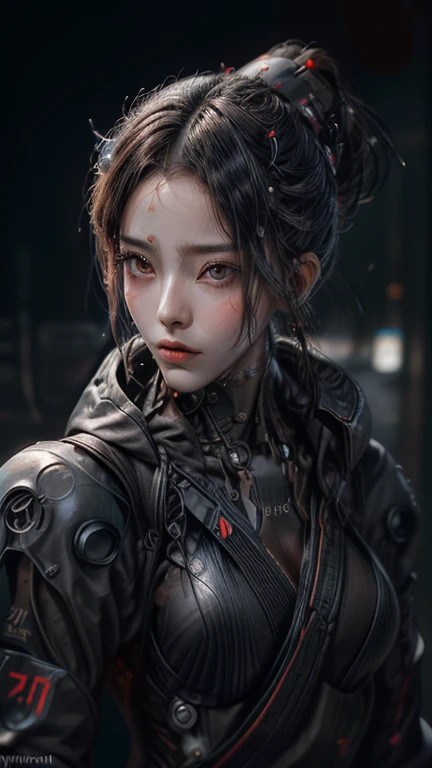 Science fiction, foto realista, cara de cerca, 1 mechanical girl, mechanical parts, cara mecanica, cara muy detallada, ojo mecanico, Some of the elements of the skin are mechanical., cyber, marioneta, geisha androide, vistiendo ropa tradicional japonesa y una sombrilla, elegant mix of japanese woman and mechanical robot, japanese geisha androide, ropa tradicional de geisha, belleza mecanica geisha, peinado de geisha, Portrait of a mechanical geisha., mechanical parts, cara mecanica, manos mecanicas, visible mechanical element (cuerpo mecanico,brazos mecanicos :1.4), rostro primer plano disparo profundidad de campo, film grain, foto cruda
