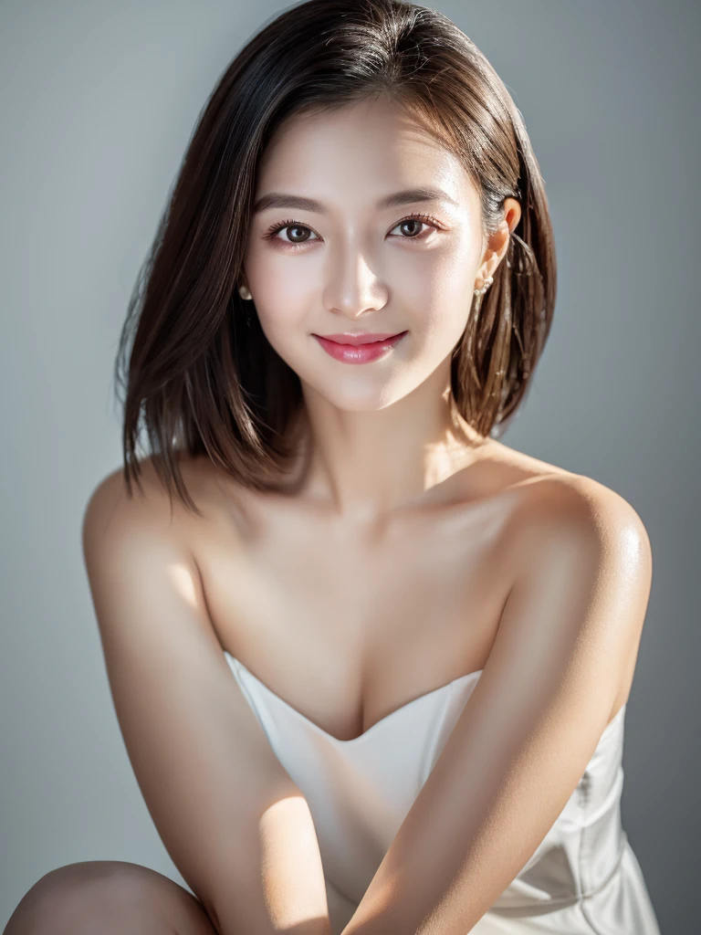 highest quality、8k Masterpiece、superA high resolution、(Photorealistic:1.3)、RAW Photos、1 girl、Black Hair、extremely detailed Glowing Skin、50 years old、Portrait、Global Illumination、Shadow、Octane Rendering、8k、Super sharp、Beautiful breastetal、Cold colors、Very intricate detailuch Light、CGSoation Trend、extremely detailed Beautiful Eyes、Shining Eyes、To the camera、Neon Details、extremely detailed Clear skin、long hair、smile、Featured on cosmetics website、Elegance、Photo Studio、short hair、naked、more lighting, photo painting, Picture-perfect, white skin