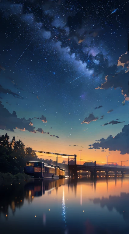 High quality masterpiece, landscape, Animated train passing through water on the tracks, Bright starry sky. Romantic Train, Pixiv, Concept Art, Lofi Art style, reflection. by makoto shinkai, Lofi Art, Beautiful anime scene, Anime landscape, 詳細なlandscape —幅672, in Makoto Shinkai's Style, Makoto Shinkai's Style, Enhanced Details.