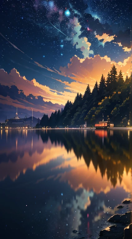 High quality masterpiece, landscape, Animated train passing through water on the tracks, Bright starry sky. Romantic Train, Pixiv, Concept Art, Lofi Art style, reflection. by makoto shinkai, Lofi Art, Beautiful anime scene, Anime landscape, 詳細なlandscape —幅672, in Makoto Shinkai's Style, Makoto Shinkai's Style, Enhanced Details.