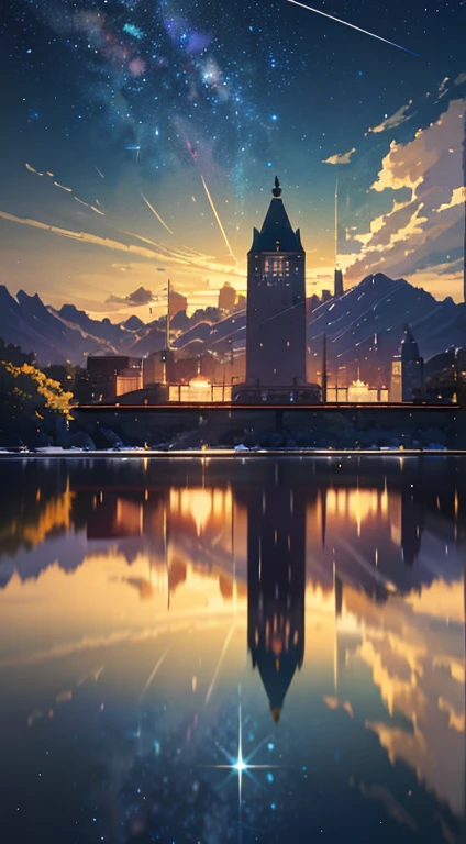 High quality masterpiece, landscape, Animated train passing through water on the tracks, Bright starry sky. Romantic Train, Pixiv, Concept Art, Lofi Art style, reflection. by makoto shinkai, Lofi Art, Beautiful anime scene, Anime landscape, 詳細なlandscape —幅672, in Makoto Shinkai&#39;s Style, Makoto Shinkai&#39;s Style, Enhanced Details.