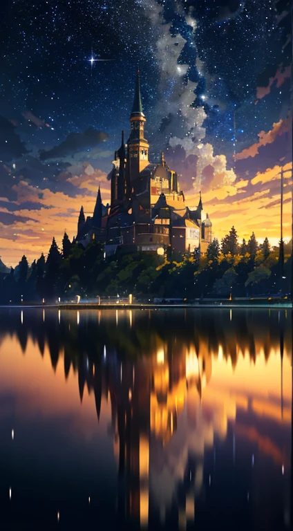 High quality masterpiece, landscape, Animated train passing through water on the tracks, Bright starry sky. Romantic Train, Pixiv, Concept Art, Lofi Art style, reflection. by makoto shinkai, Lofi Art, Beautiful anime scene, Anime landscape, 詳細なlandscape —幅672, in Makoto Shinkai's Style, Makoto Shinkai's Style, Enhanced Details.