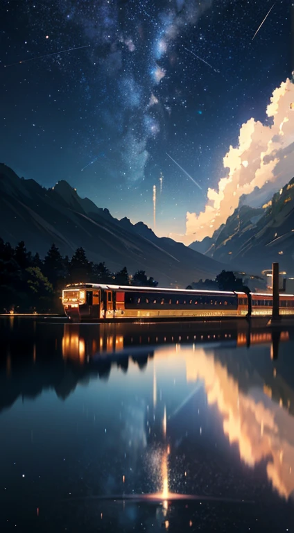 High quality masterpiece, landscape, Animated train passing through water on the tracks, Bright starry sky. Romantic Train, Pixiv, Concept Art, Lofi Art style, reflection. by makoto shinkai, Lofi Art, Beautiful anime scene, Anime landscape, 詳細なlandscape —幅672, in Makoto Shinkai's Style, Makoto Shinkai's Style, Enhanced Details.