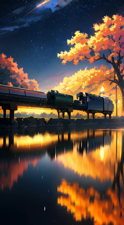 High quality masterpiece, landscape, Animated train passing through water on the tracks, Bright starry sky. Romantic Train, Pixiv, Concept Art, Lofi Art style, reflection. by makoto shinkai, Lofi Art, Beautiful anime scene, Anime landscape, 詳細なlandscape —幅672, in Makoto Shinkai's Style, Makoto Shinkai's Style, Enhanced Details.
