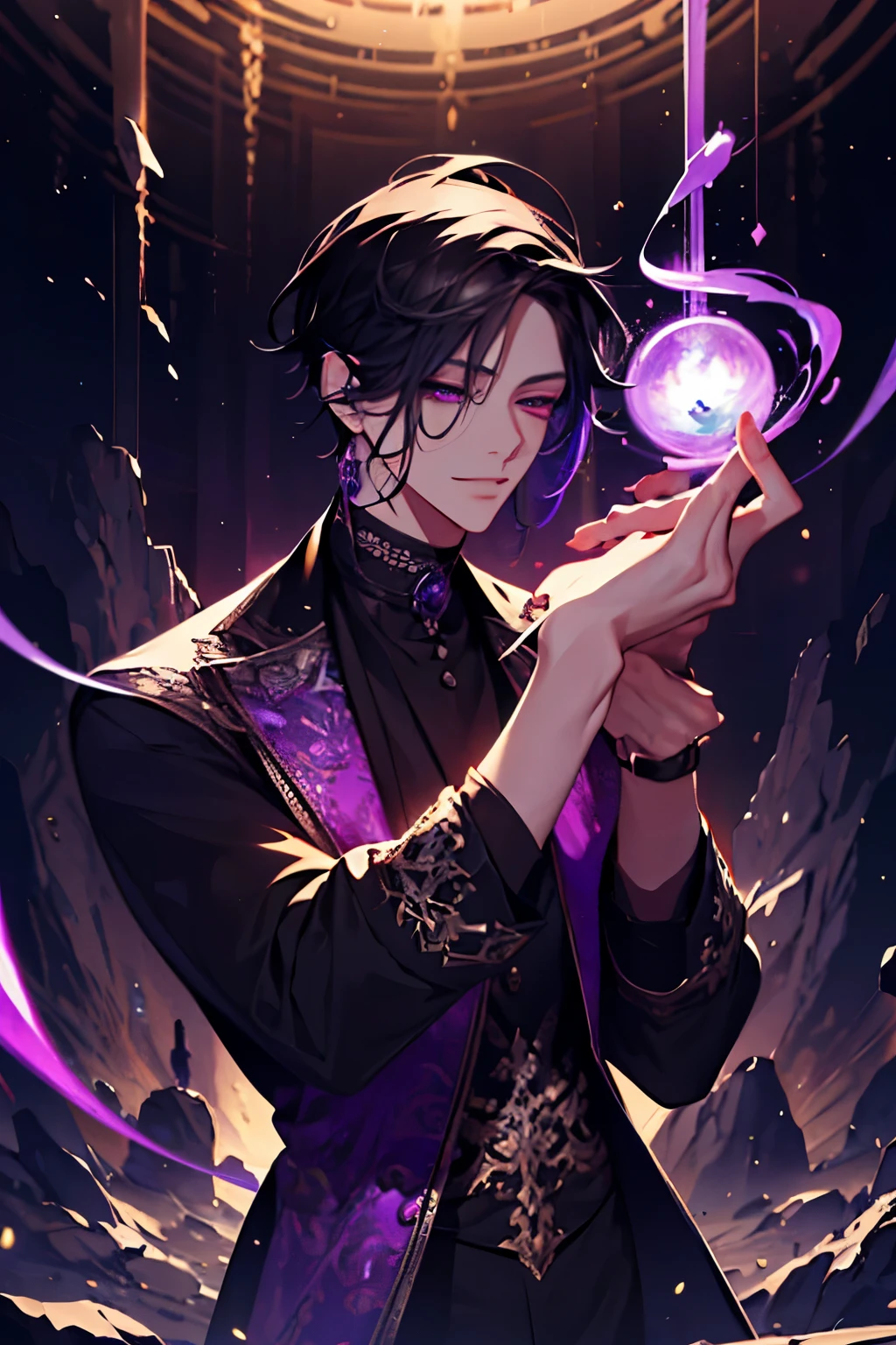 Painting representing the essence of magic, depicting a black-haired guy with violet eyes immersed in a cascade of magical energy, with glowing particles dancing around him, hair short, masterpiece, best quality, ultra detailed, illustration, concept art resolution 8k, fantasy, epic art, concept art wallpaper 4k, deep color, natural lighting