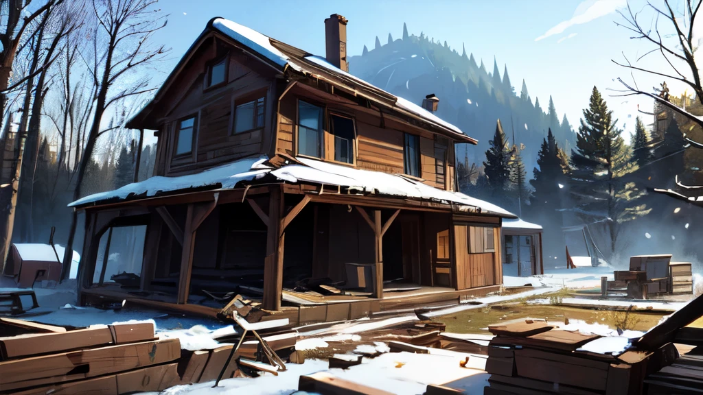 winter forest, ruins of a house, destroyed house, broken house