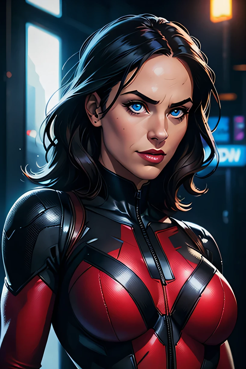 as female Deadpool ,adult woman, detailed medium short messy black hair, muscular, female Deadpool, marvel, red magic around her, solo, sexy, very dark tan supermodel, beautiful face, blue eyes, detailed body, perfect eyes, perfect face, neon lighting, detailed shadows, HDR, photoreal, well lit, photograph, 8k, best quality, New York City Manhattan, Shot by Blackmagic Pocket Cinema Camera 6K Pro with Sigma 18-35mm f/1.8 DC HSM Art Lens , beautifully lit, high resolution, clear tones, depth of field, cinematic lighting, 4k, elite, luxury, micro detalls, bokeh, elegant, cinematic, photorealistic , Hair light , Photography by Richard Avedon ,
