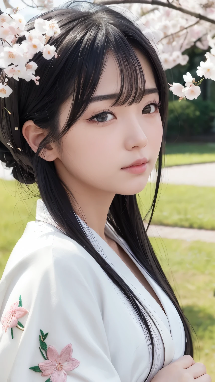 (logo、masterpiece、8k、Tabletop、RAW Photos、wonderful、最high quality、8K wallpaper that combines photorealism and high-definition CG、high quality、Very detailed、Narrative poem、Particle Effects、Dynamic Effects、Written boundary depth、Cinematic Light、Lens flare、Ray Tracing)、Fantasy、 (1 Beauty、White kimono、Japanese Clothing、White cherry blossom pattern、White cherry blossom embroidery pattern、Black-haired、Beautiful Face、True Face、Beautiful details、eye、Beautiful Skin)、Hair flutters in Wind、Hair bounces、Pink cherry blossom tree、Petals flutter、SakuraFubuki、wonderful景色、Morning Glow、Sun in the background、Wind、god々、teeth、god話、Vast land、