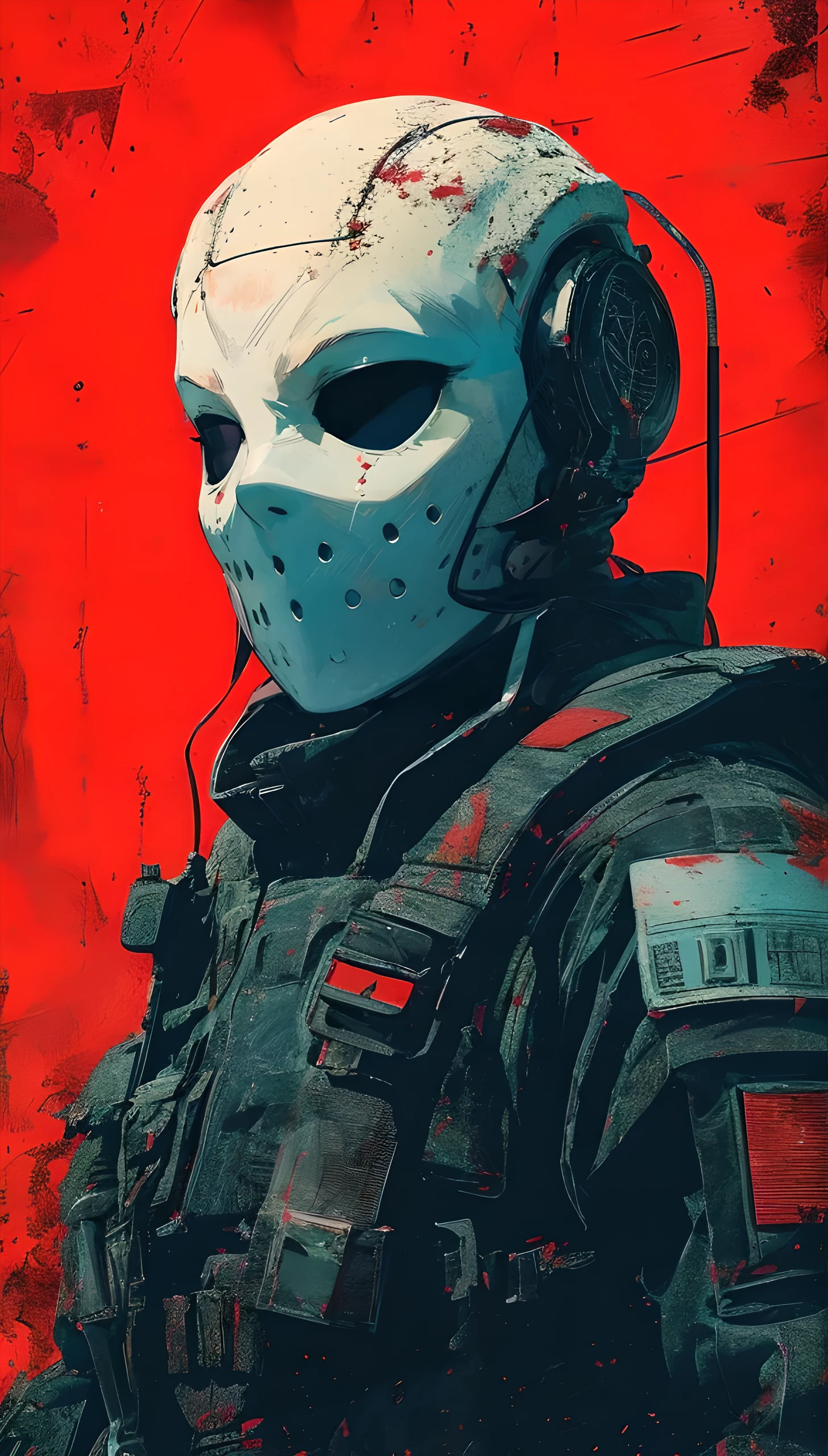 Create a poster reminiscent of the Soviet Union (USSR) era, featuring a sci-fi soldier wearing a (white horror mask). The background should depict an iron wall, with prominent red and blue colors dominating the scene. The poster should have a vintage, propaganda-style aesthetic, with bold and striking visuals that capture the essence of Soviet-era design. The sci-fi soldier should appear heroic and imposing, with a futuristic yet classic look that fits within the historical context. The overall style should be detailed and visually engaging, blending the retro elements of Soviet posters with a sci-fi twist.