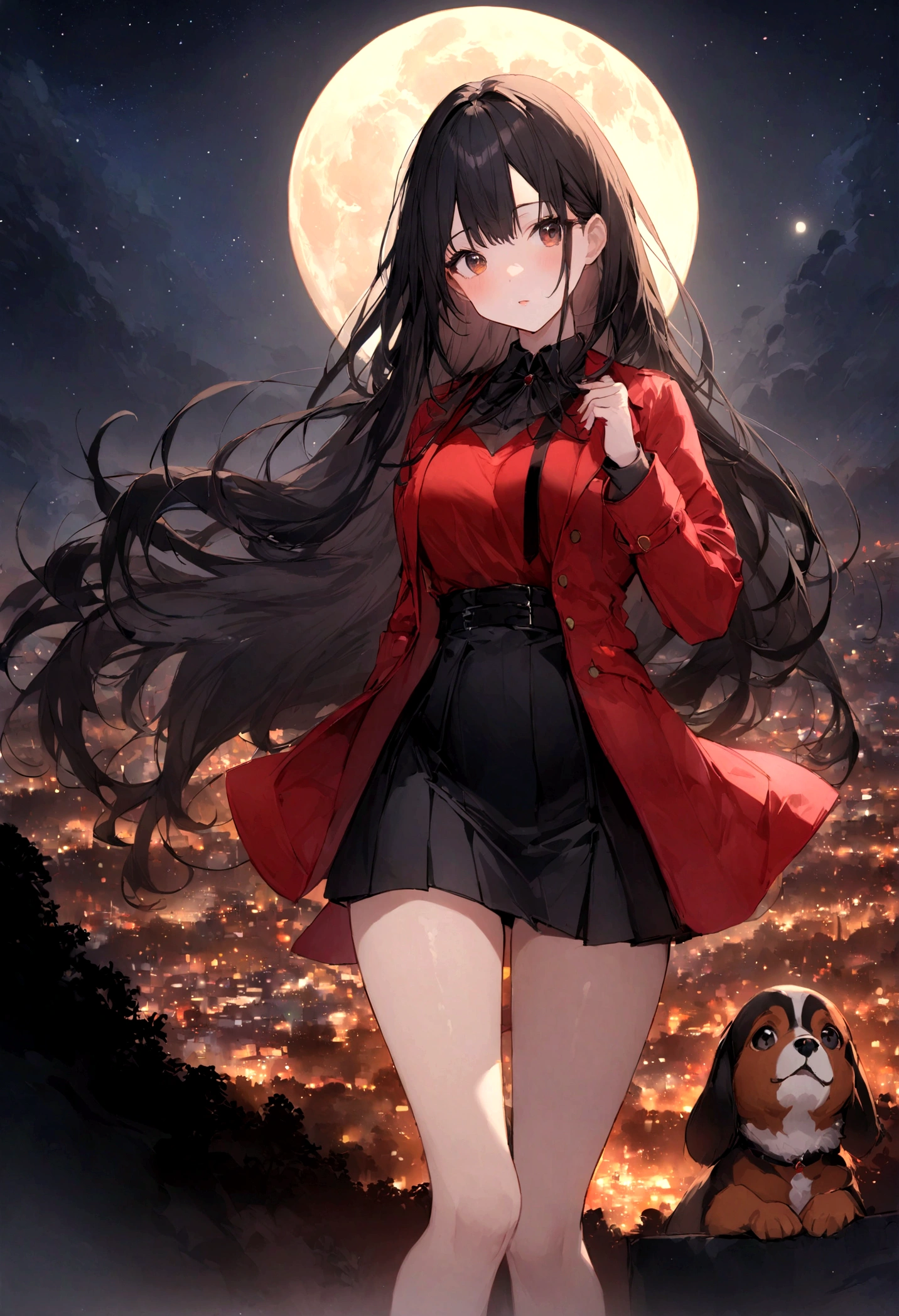 Dog 1、Woman 1、Red miniature dachshund、Red miniature dachshund long hair、dog&#39;color is red、woman with very long black hair、Spectacular views、Night Scene、The view from the top of the hill、Full moon night sky、swirling starry sky、８K、Best Quality、詳しいdogの顔、The woman is facing the opposite direction、Ria、I can't see a woman's face、The whole body is in the photo、Like the night view of Tokyo、The woman is wearing a miniskirt and her underwear is visible.