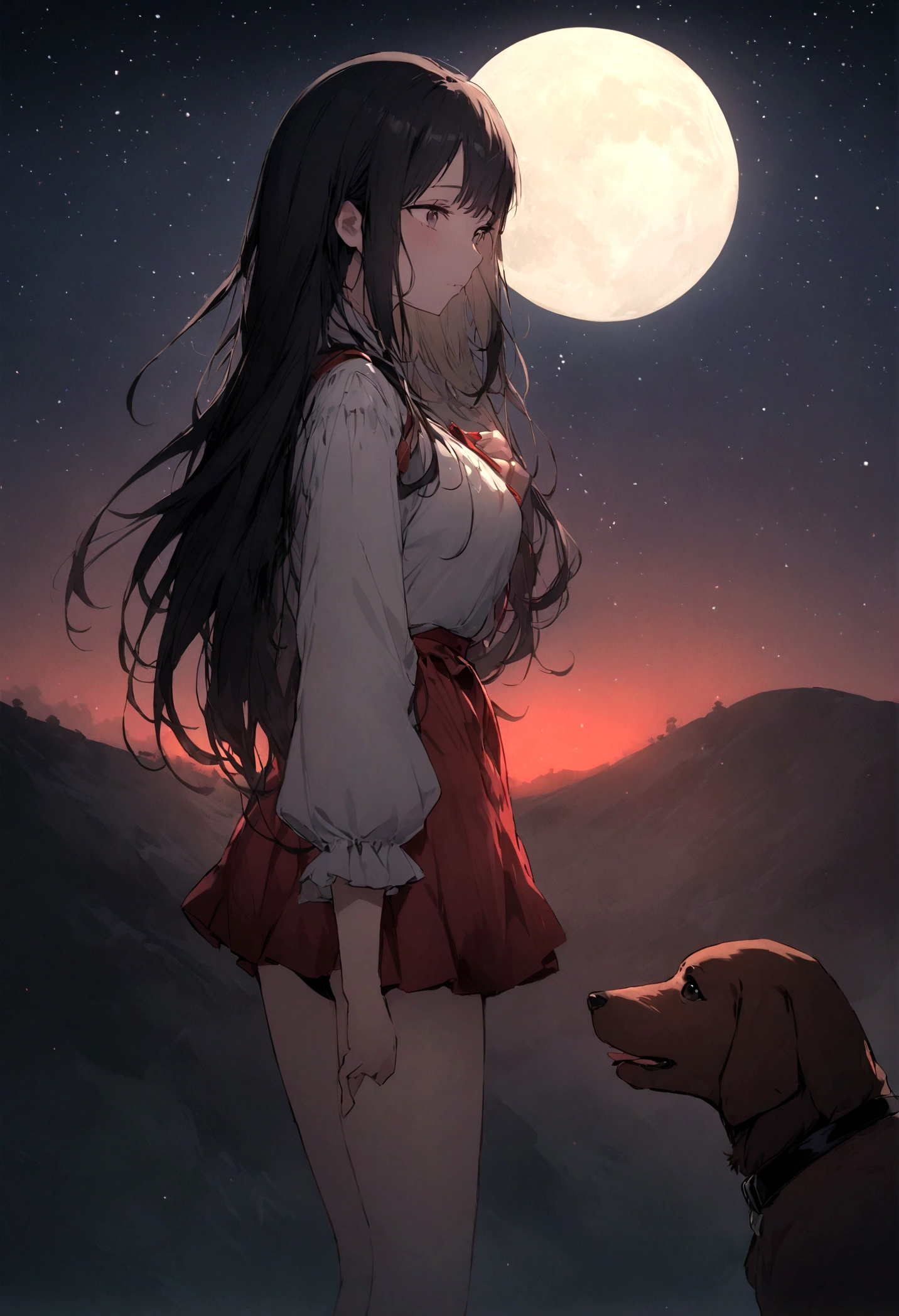 Dog 1、Woman 1、Red miniature dachshund、Red miniature dachshund long hair、dog'color is red、woman with very long black hair、Spectacular views、Night Scene、The view from the top of the hill、Full moon night sky、swirling starry sky、8K、Best Quality、詳しいdogの顔、The woman is facing the opposite direction、Ria、I can't see a woman's face、The whole body is in the photo、Like the night view of Tokyo、The woman is wearing a miniskirt and her underwear is visible.