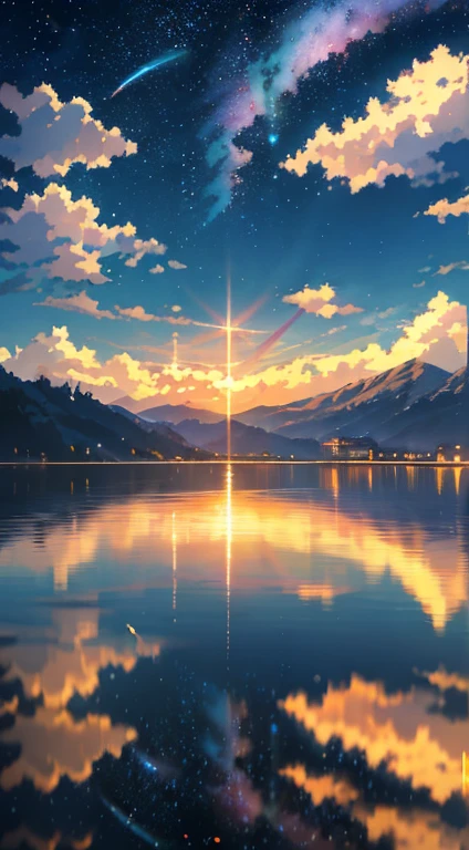 High quality masterpiece, landscape, anime train passing through bodies of water on tracks, bright starry sky. Romantic train, pixiv, concept art, lofi art style, reflection. by Makoto Shinkai, lofi art, Beautiful anime scene, Anime landscape, detailed scenery —width 672, in style of Makoto shinkai, style of Makoto shinkai, enhanced details.