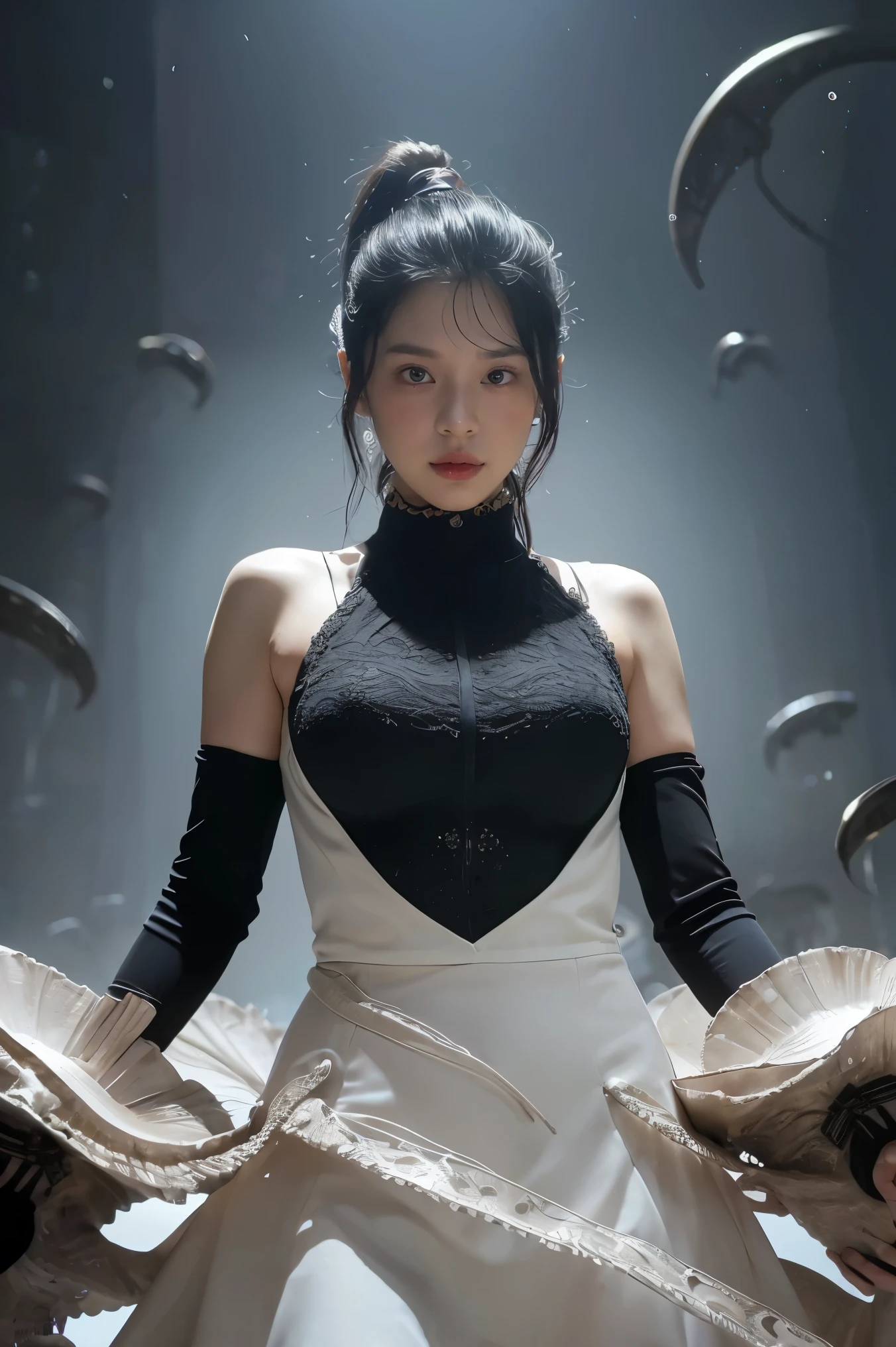 ((masterpiece, best quality)), ultra detailed 8k, photorealistic, sharp focus, highly detailed, professional lighting , shadowmancer, photo of a woman, ink particle, ((swirling black ink floating around)), futuristic fantasy, futuristic black dress, dynamic pose, realistic, masterpiece, intricate details, detailed background, depth of field,