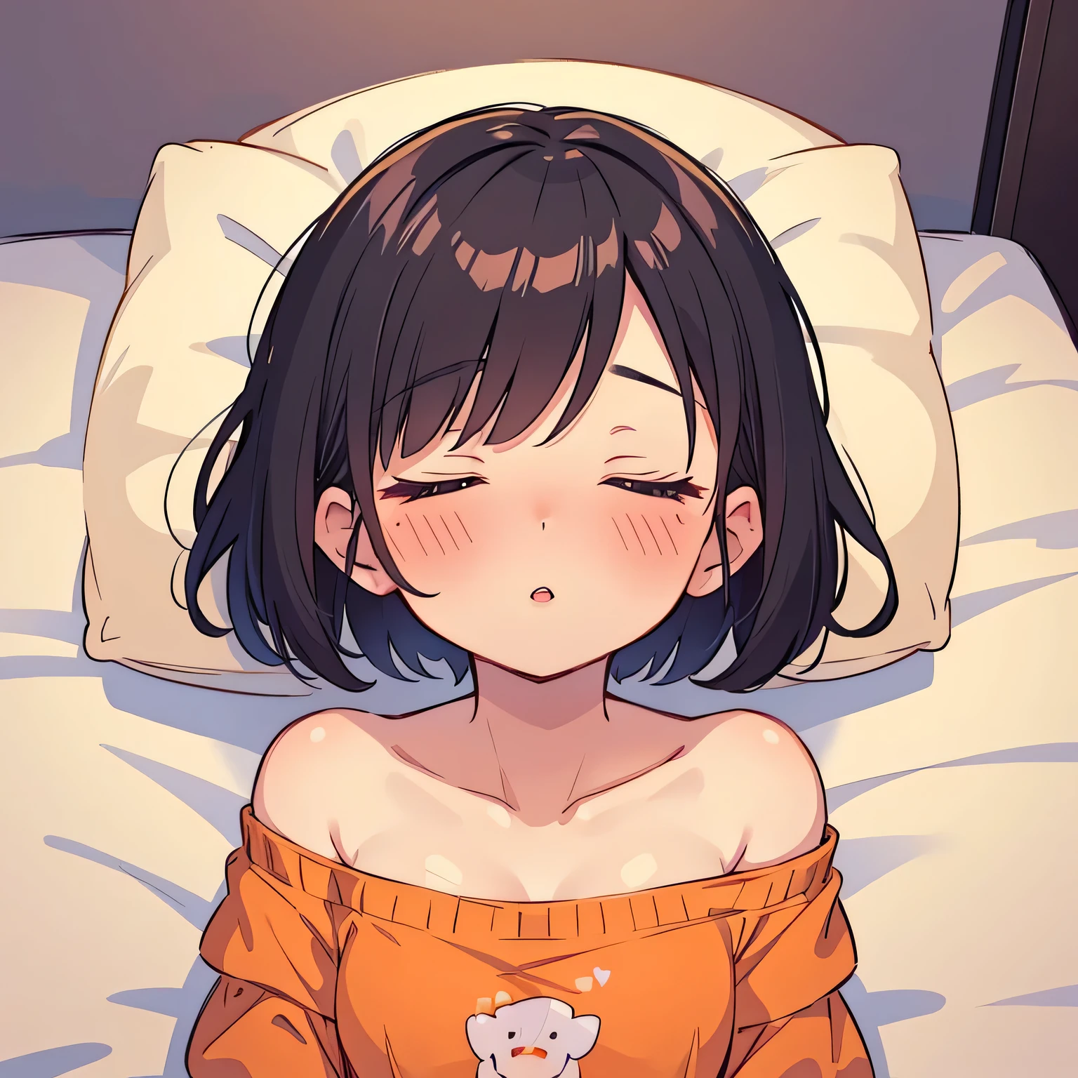 Amazing portrait of a sexy and cute girl with a short bob hairstyle and a seductive gaze who is blushing intensely with parted lips and is desperate and flustered and lustful wearing an off shoulder orange t shirt showcasing her bare shoulder while lying on bed