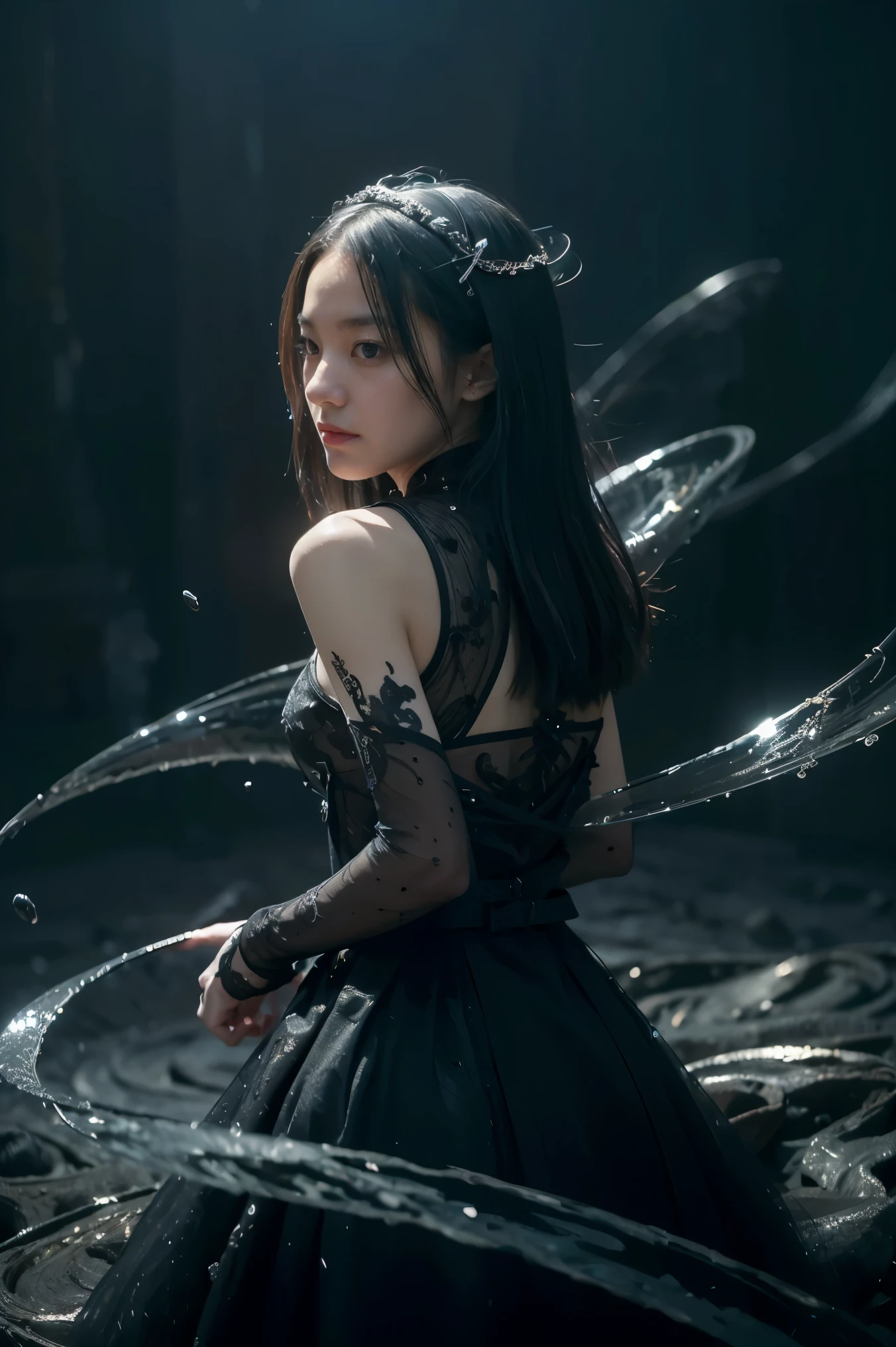 ((masterpiece, best quality)), ultra detailed 8k, photorealistic, sharp focus, highly detailed, professional lighting , shadowmancer, photo of a woman, ink particle, ((swirling black ink floating around)), futuristic fantasy, futuristic black dress, dynamic pose, realistic, masterpiece, intricate details, detailed background, depth of field,