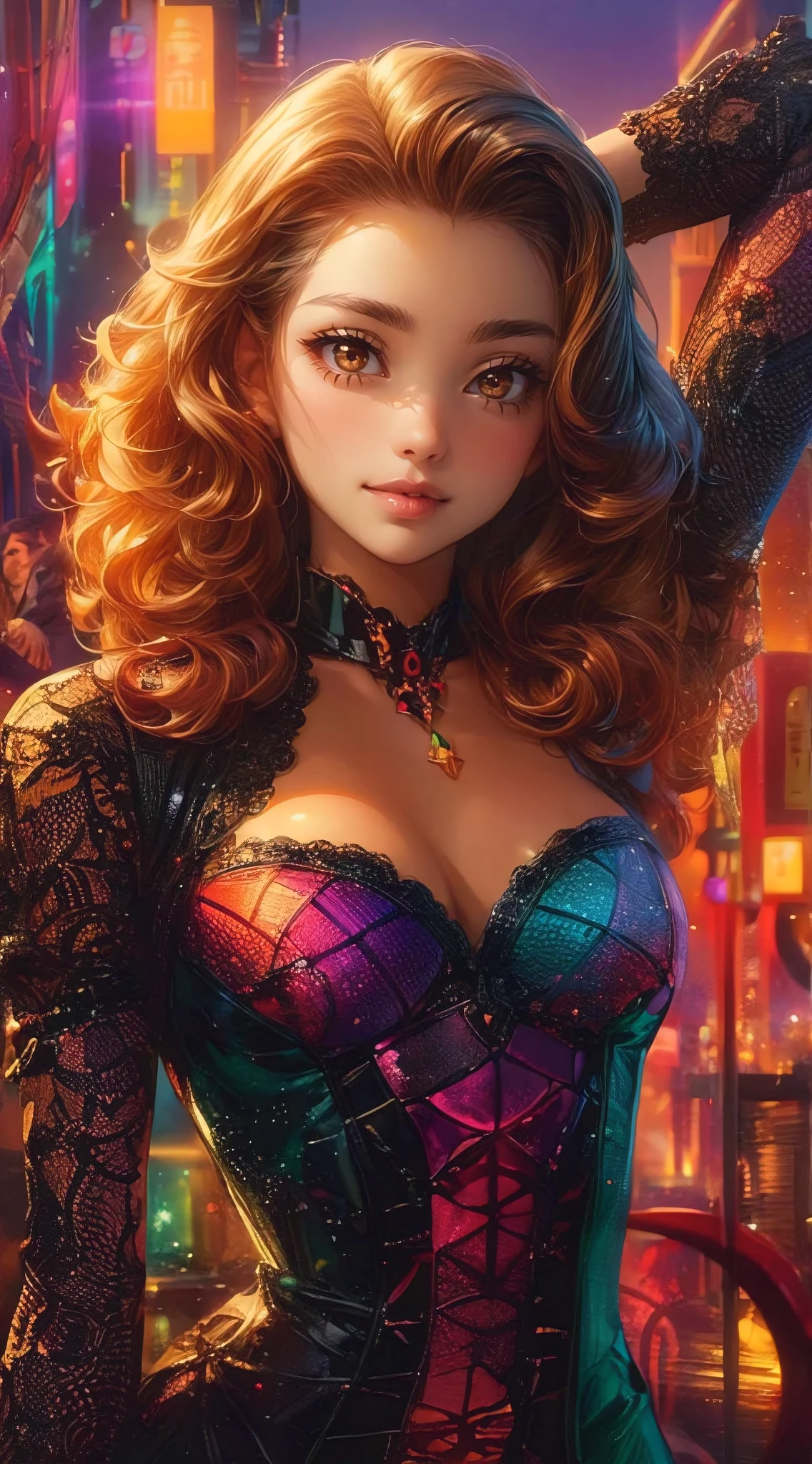 best illustration by artgerm and ayami kojima, perfect body proportions, hyperfeminine curves, big breasts, dangerous allure, femme fatale, metropolis, wavy hair, gorgeous eyes, smile, futuristic, elaborate details, high definition