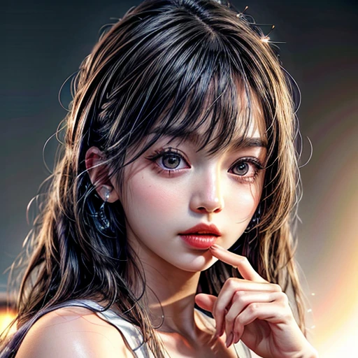 (highest quality,Super detailed,Physically Based Rendering:1.2), (RAW, Realistic, Photorealistic:1.37),Portraiture,Beautiful young woman with Delicate facial features,Soft lighting, ((Playfully licking finger with tongue, Gently placing a finger in the mouth)), (Close-up shot of sensual lips),Cheeks turn slightly red,A gentle and captivating gaze, cute BabyLike finger . Studio gray background, Light Particles, many blurred colorful Lights (dazzling bokeH) . BREAK . (((NOGIZAKA face variations))) Extremely Detailed very KAWAII face variations, elaborate detailed Eyes with (sparkling highlights:1.2), (Voluminous long eyelashes:0.9)、Glossy RED Lips with beautiful details, Coquettish tongue, Rosy cheeks, Radiant PearlSkin with clear transparency, (Natural:0.7) Detailed FlawlessSkin with glowing DowneyHair . { (Dynamic LifeLike expressions) | :d) }, (large eyes:-1) . mouth_hold