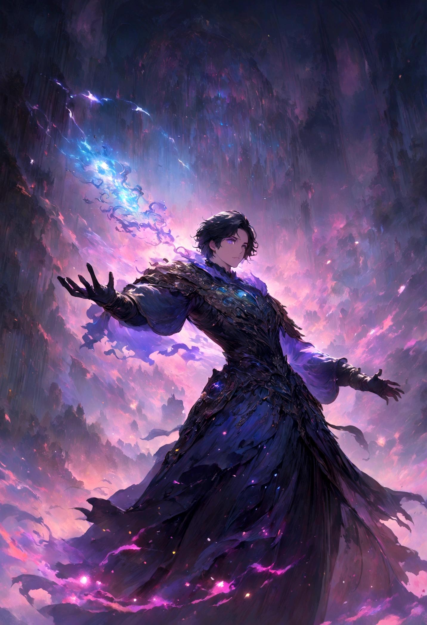 Painting representing the essence of magic, depicting a black-haired guy with violet eyes immersed in a cascade of magical energy, with glowing particles dancing around him, hair short, masterpiece, best quality, ultra detailed, illustration, concept art resolution 8k, fantasy, epic art, concept art wallpaper 4k, deep color, natural lighting

