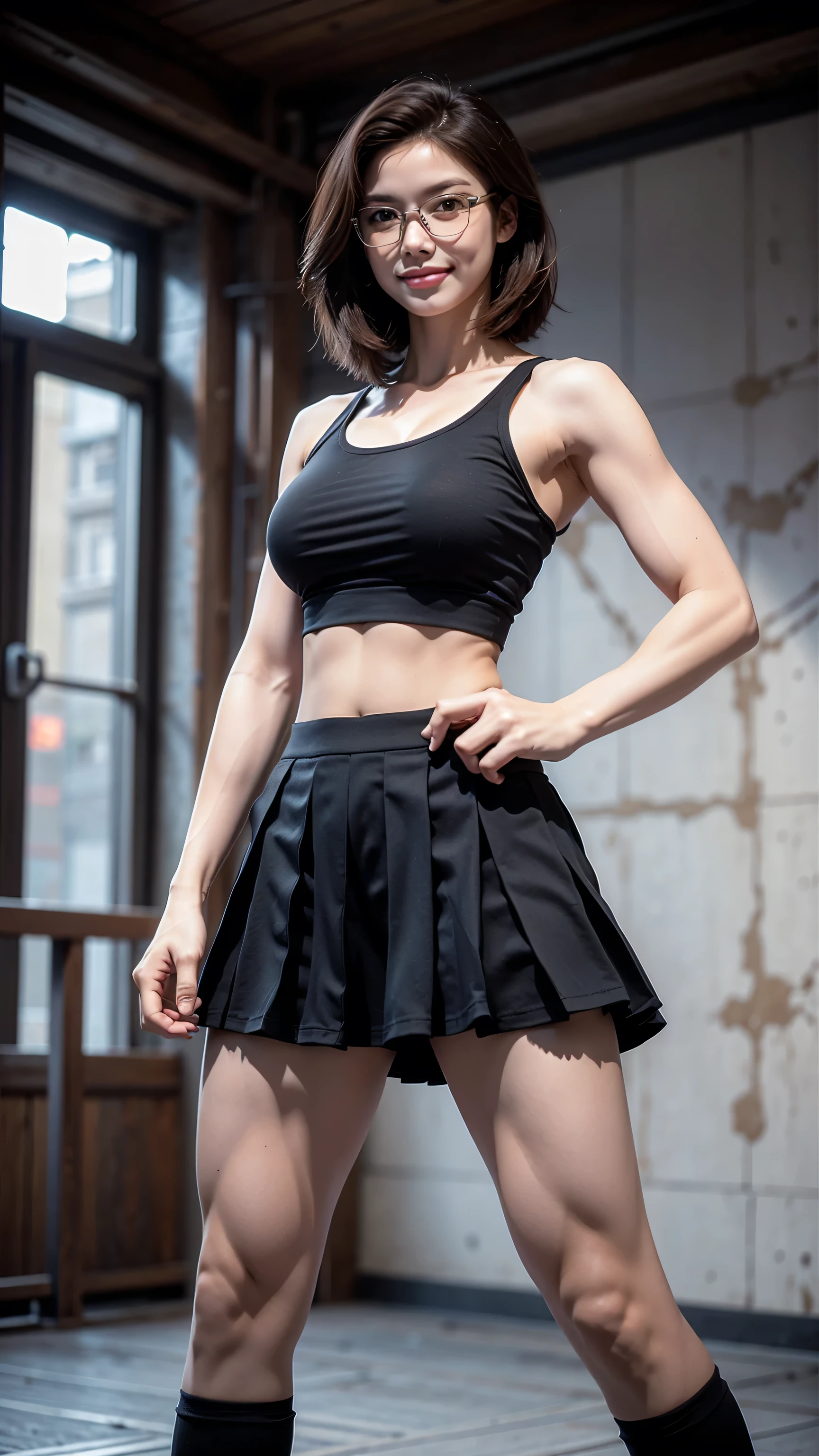 ,1girl,standing,facing viewer, brunette, short hair, smiling, fullbody, tall, large chest, muscular, black converse shoes, skirt, hands on waist, athletic, powerful, glasses, midriff, smile