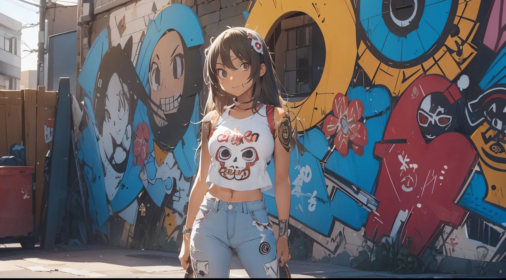 ((japanese 3d style manga anime artwork)) (((textile & face natural shading))), (((Best Quality))), (((masterpiece))), (((cartoon style with natural dramatic shade))) (A girl with mexican de los muertos style skull face painting on her face), full body stylish cool gesture, long brown wavy hair. wearing white sleeveless crop top with cargo pants & snickers, she is posing & holding a skateboard & smiling with edgy, standing lend on a graffiti wall, 4K, perfect, empty street alley ramp & skate facility, messy natural, correct anatomy