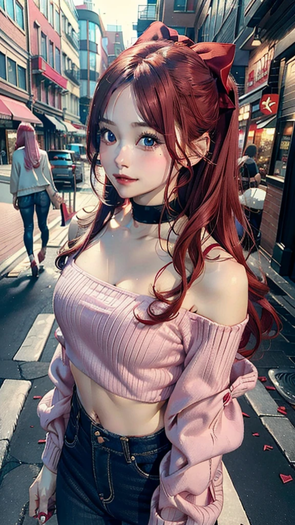 Beautiful red and pink hair woman is shown to have a ???? figure, she is wearing a ???? off shoulder crop sweater and jeans, choker, happy look, hair bows, blue eyes, girl walking down a street ,???? session, ???? pose, cowboy shot, superior quality, many details, realistic