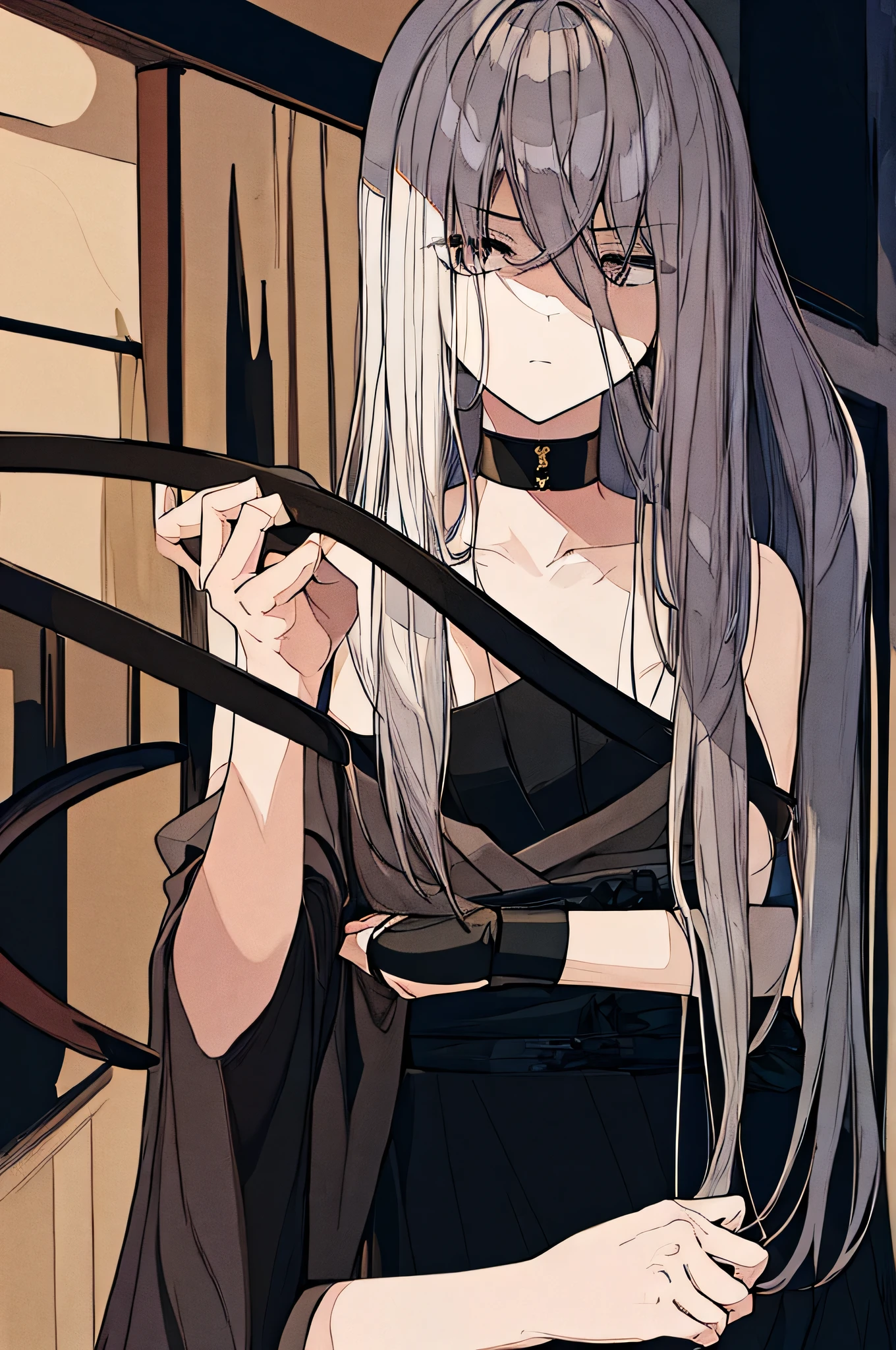 (high quality),(masterpiece),Gray Hair,Girl,Poker face,flat chest,Black Kimono,serious,solo,black blindfold,