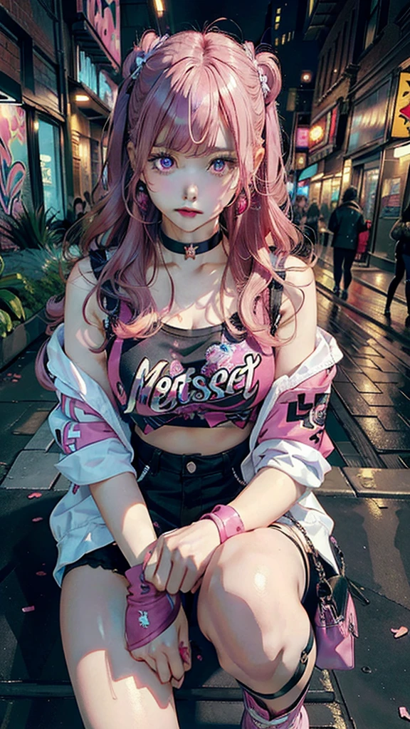 (Masterpiece, Best Quality, 1girl, solo, intricate details, chromatic aberration), Realistic, ((Middle Breath)),Long hair, pink hair, Decoration on a red head, Pink highlights, hair above one eye,violet eyes, earings, sharp eyes, Choker, neon shirt, open jacket, crop-top, (symmetry eyes),(perfect symmetrical body),sitting on a stone, Pursed knees, holds his leg with his hand, Hand at the bottom, graffiti, dim lighting, alley ,Look at the viewer