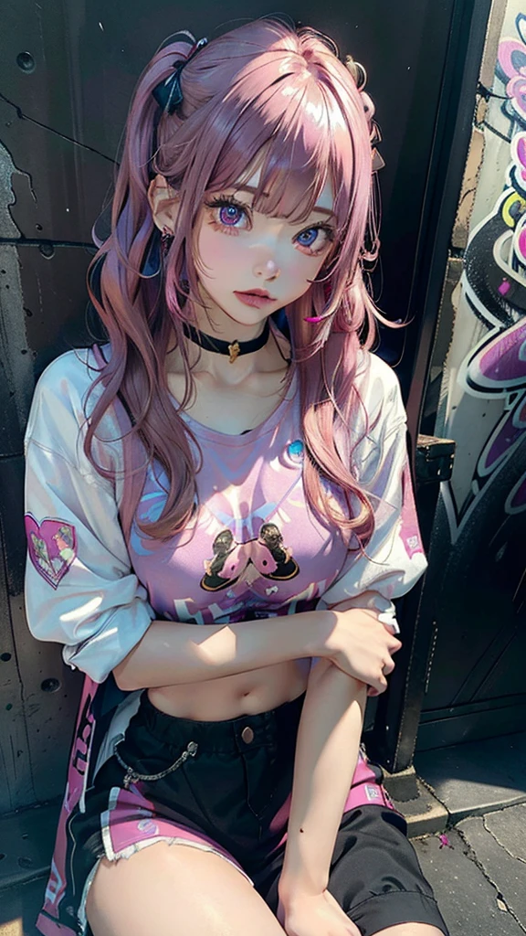 (Masterpiece, Best Quality, 1girl, solo, intricate details, chromatic aberration), Realistic, ((Middle Breath)),Long hair, pink hair, Decoration on a red head, Pink highlights, hair above one eye,violet eyes, earings, sharp eyes, Choker, neon shirt, open jacket, crop-top, (symmetry eyes),(perfect symmetrical body),sitting on a stone, Pursed knees, holds his leg with his hand, Hand at the bottom, graffiti, dim lighting, alley ,Look at the viewer