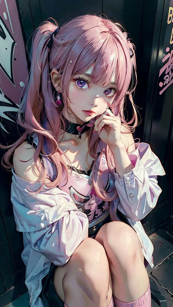 (Masterpiece, Best Quality, 1girl, solo, intricate details, chromatic aberration), Realistic, ((Middle Breath)),Long hair, pink hair, Decoration on a red head, Pink highlights, hair above one eye,violet eyes, earings, sharp eyes, Choker, neon shirt, open jacket, crop-top, (symmetry eyes),(perfect symmetrical body),sitting on a stone, Pursed knees, holds his leg with his hand, Hand at the bottom, graffiti, dim lighting, alley ,Look at the viewer