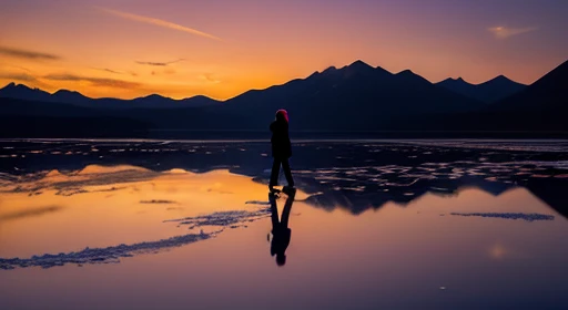 （（highest quality））， （（masterpiece））， （（long range shooting）），evening， women are，Standing on a salt lake，The water surface is like a mirror，Reflecting the sky。Look at the sky，The Milky Way is in the sky。