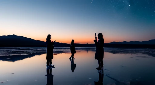 ((highest quality)), ((masterpiece)), ((long range shooting)),evening, women are,Standing on a salt lake,The water surface is like a mirror,Reflecting the sky。Look at the sky,The Milky Way is in the sky。
