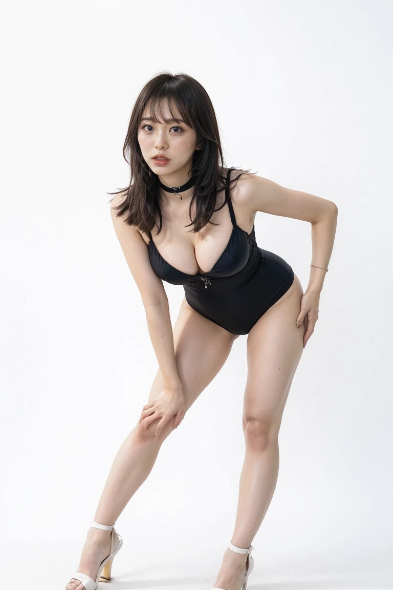 (highest quality,8k,32k,masterpiece,Ultra-high resolution:1.2),((Sexy expression:1.2)), ((Medium Hair,Beautiful bangs:1.5)), Shooting from directly in front:1.2, Professional Lighting, Flash photography:1.5, Shaded photos,((Cleavage:1.5)),((small breast)), (full body:1.5, long shot:1.5), (Head to Toe:1.8), Choker Necklace, Plain white background, (A Horizon photography studio with a plain white background:1.8),((A black leotard with a wide open chest:1.2)),((Black stiletto heels:1.2)), ((I can't look directly at the nipples:1.5, Know the shape of your nipples:1.6))