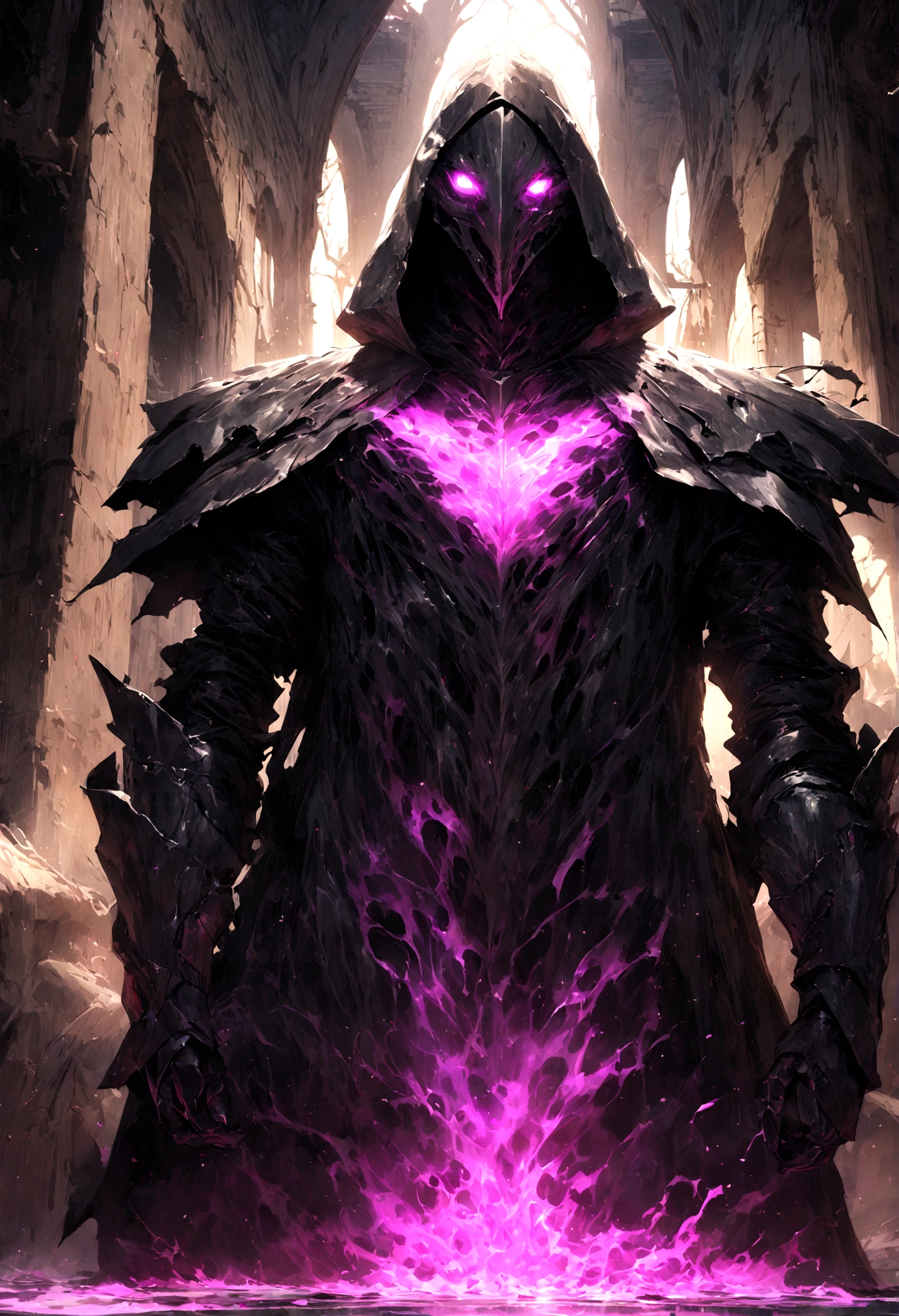 breathtaking cinematic science fiction photo of a portrait of a non human masked Grim dressed as a alchemist wrapped in chemicals, body full glowing metrics in the armour, glowing eyes, l metallic arms, standing in the middle of a chemical spill, daylight, extremely menacing creature, highly detailed, award-winning
