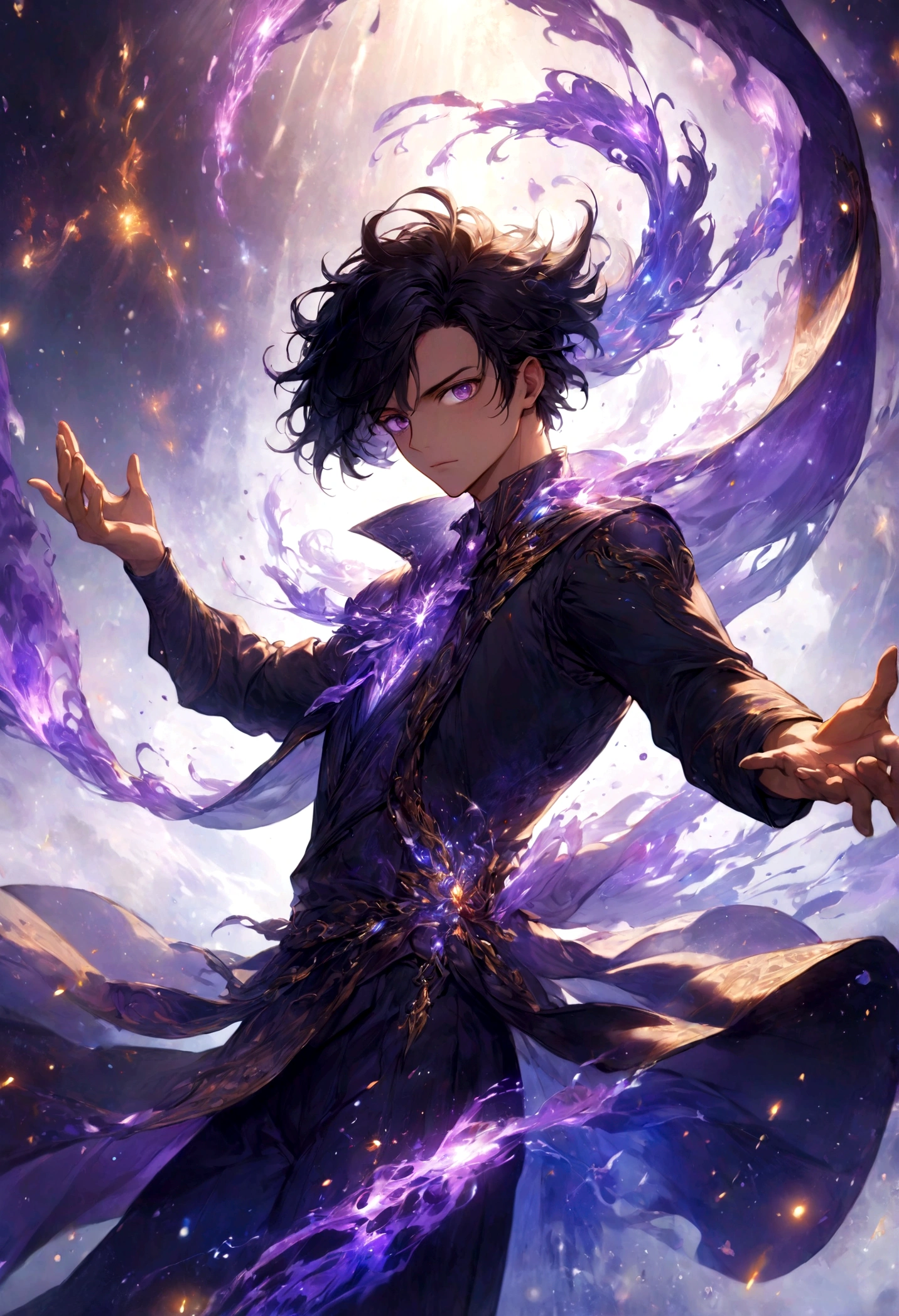 Painting representing the essence of magic, depicting a black-haired guy with violet eyes immersed in a cascade of magical energy, with glowing particles dancing around him, hair short, masterpiece, best quality, ultra detailed, illustration, concept art resolution 8k, fantasy, epic art, concept art wallpaper 4k, deep color, natural lighting