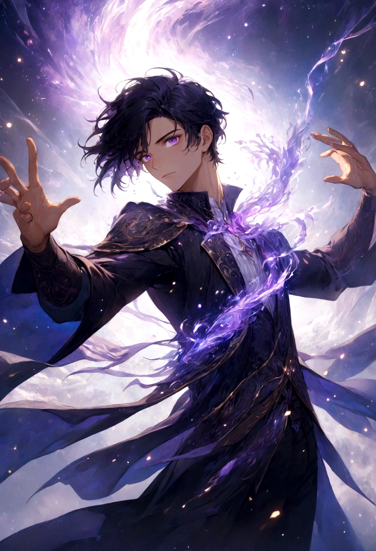 Painting representing the essence of magic, depicting a black-haired guy with violet eyes immersed in a cascade of magical energy, with glowing particles dancing around him, hair short, masterpiece, best quality, ultra detailed, illustration, concept art resolution 8k, fantasy, epic art, concept art wallpaper 4k, deep color, natural lighting