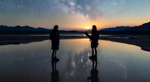 ((highest quality)), ((masterpiece)), ((long range shooting)),evening, women are,Standing on a salt lake,The water surface is like a mirror,Reflecting the sky。Look at the sky,The Milky Way is in the sky。