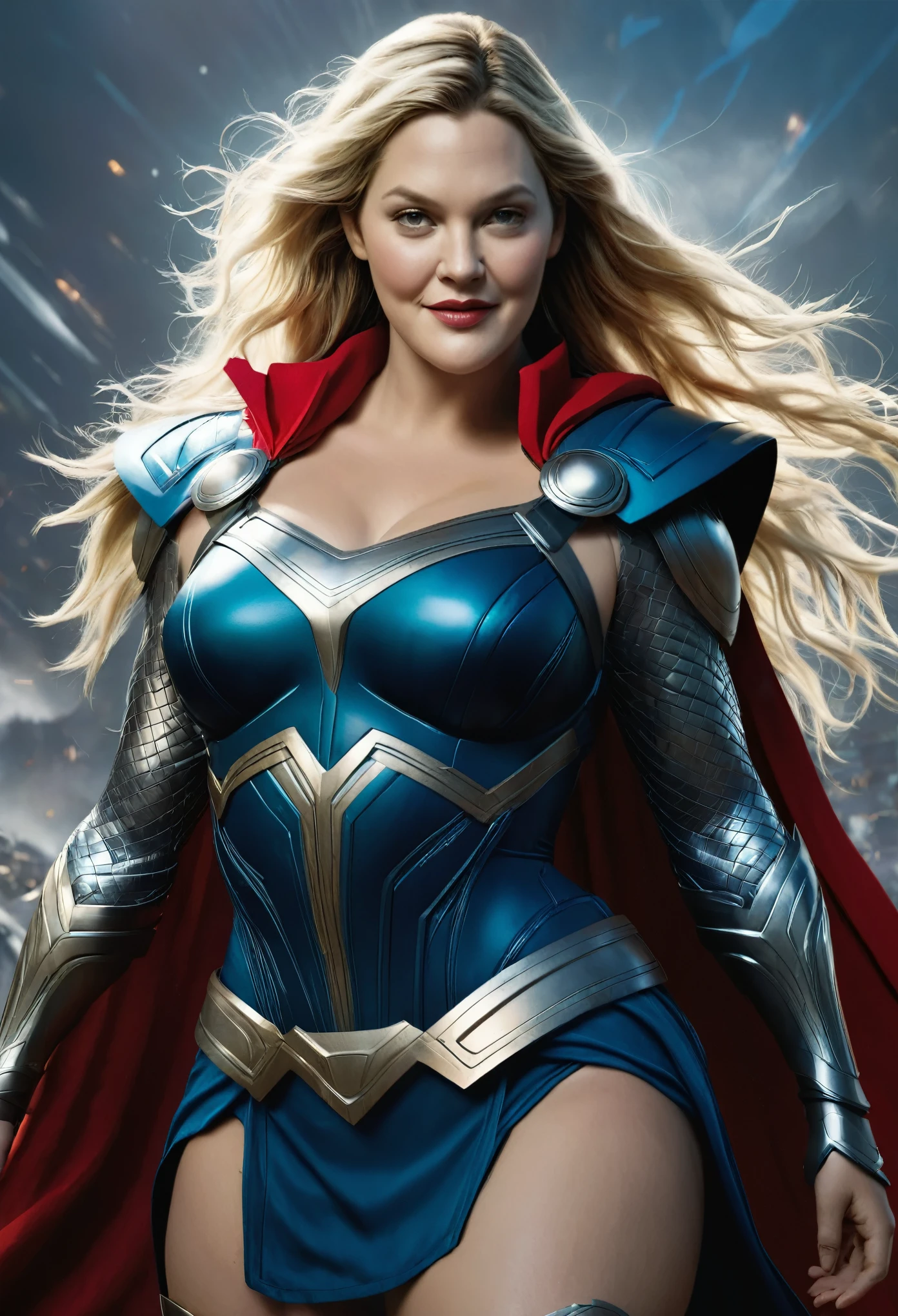 Looks like Drew Barrymore , woman thor, female thor, sexy, photography, soft lighting, soft details, octane, large breast, massive , healthy Full figured woman, tight thick body, artstation trending, ultra high detail, ultra realistic, cinematic,16k, female Thor costume,