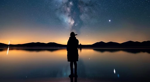 ((highest quality)), ((masterpiece)), ((long range shooting)),evening, women are,Standing on a salt lake,The water surface is like a mirror,Reflecting the sky。Look at the sky,The Milky Way is in the sky。