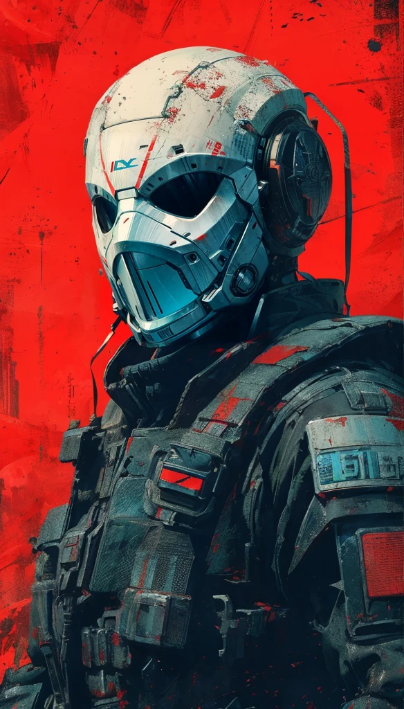 Create a poster reminiscent of the Soviet Union (USSR) era, featuring a sci-fi soldier wearing a (white horror mask). The background should depict an iron wall, with prominent red and blue colors dominating the scene. The poster should have a vintage, propaganda-style aesthetic, with bold and striking visuals that capture the essence of Soviet-era design. The sci-fi soldier should appear heroic and imposing, with a futuristic yet classic look that fits within the historical context. The overall style should be detailed and visually engaging, blending the retro elements of Soviet posters with a sci-fi twist.