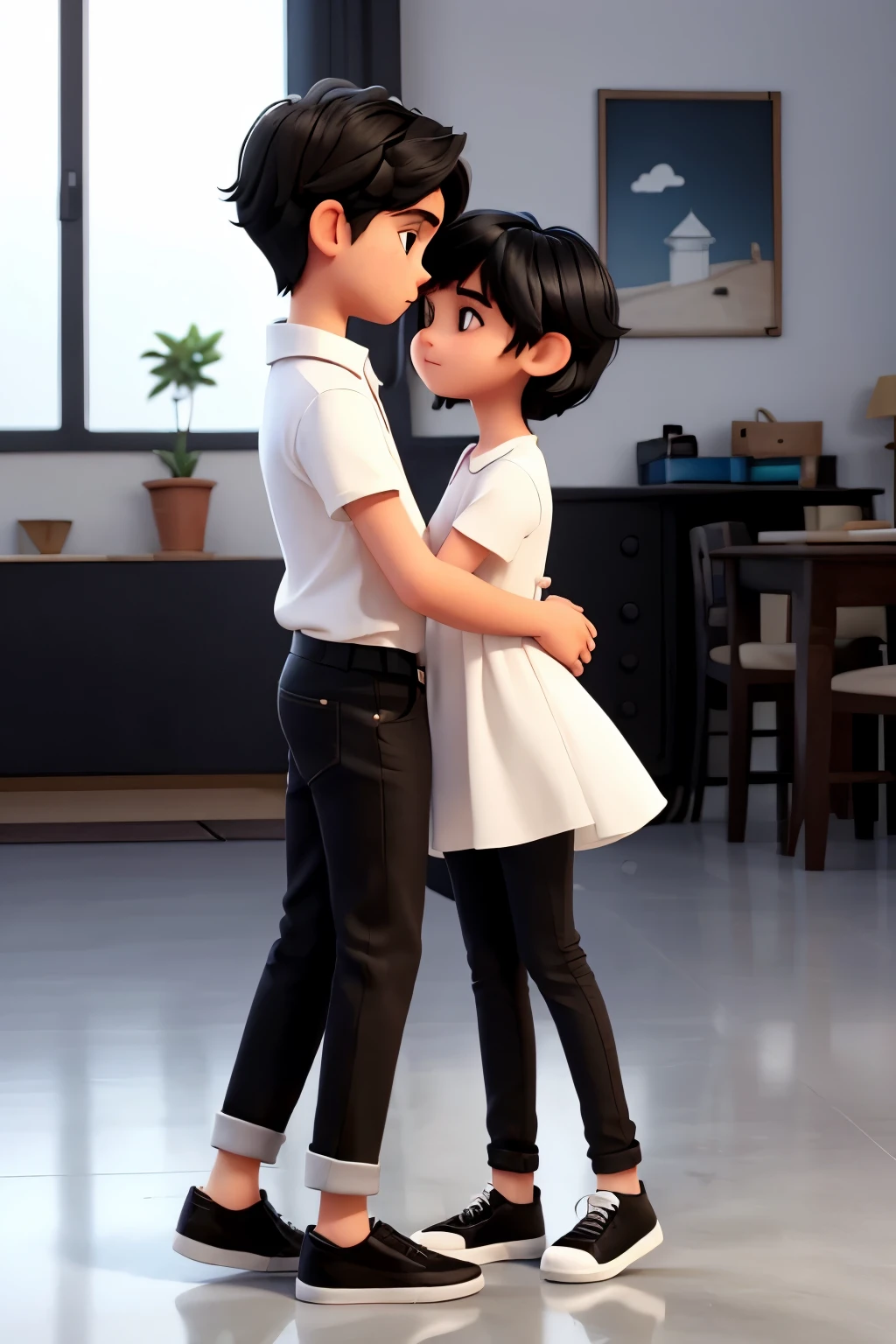 There is a girl and a boy kissing, hugging each other ,the girl is wearing a long black maxi dress up to the middle of the leg ,y el cabello negro largo ,and The Boy is wearing a white shirt and black jeans with short black hair.,It&#39;s night and there&#39;s a black car behind (de fondo)