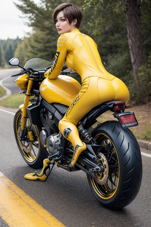 ((highest quality)), ((masterpiece)), (detailed motorcycle), ((perfect beautiful face))、slender body、realistic skin texture、((full body shot))、long legs、((yellow biker suit and pants))、((Beautiful woman riding a motorcycle))、short hair、Nohel