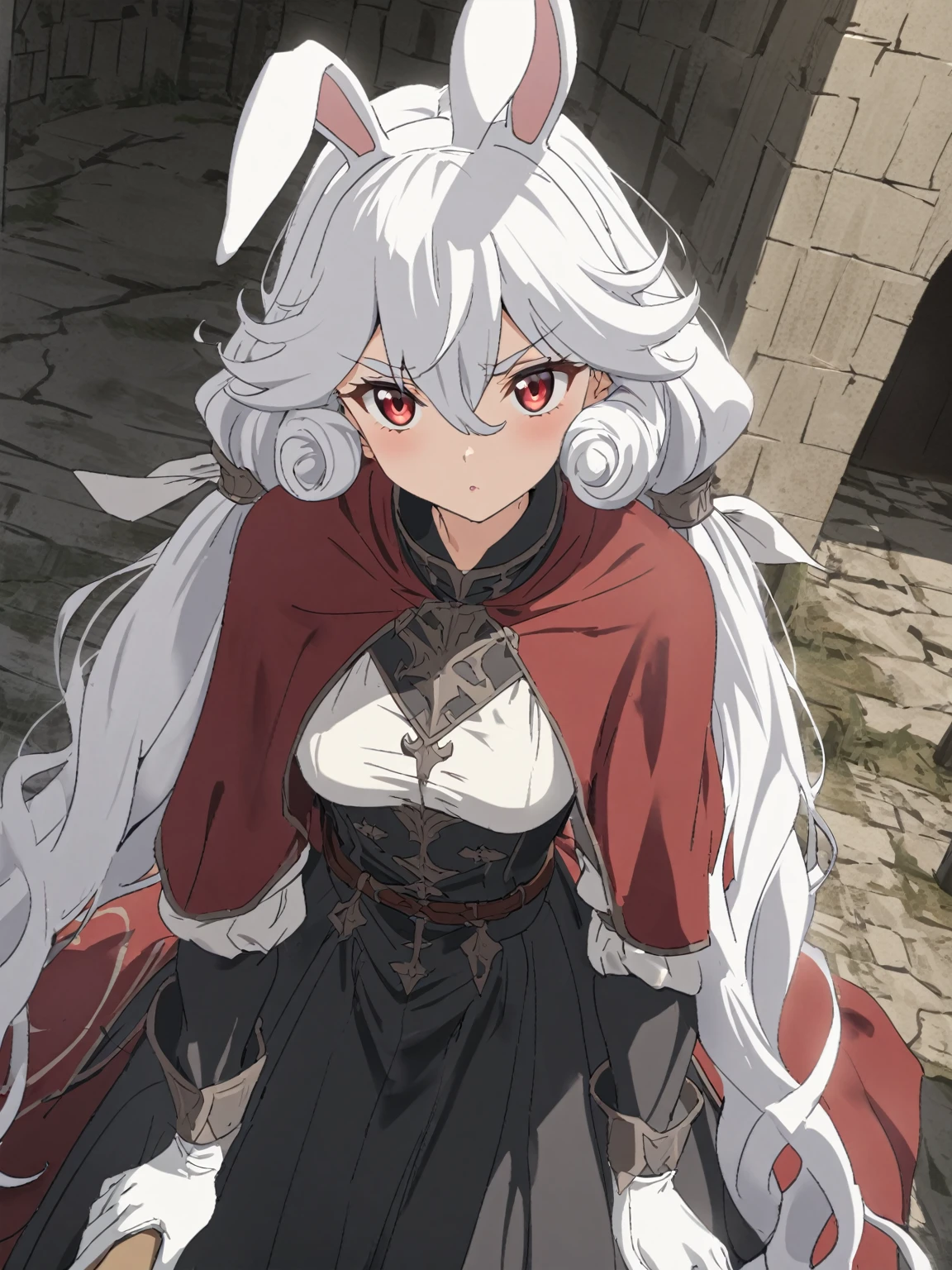 {{upper body, dutch angle}} {{Artist: sincos}} 1girl, curly hair, thick eyelases, white hair, bright red eyes, medium breasts, very long hair, covered ears, expresionless, puffy sleeves, long sleeves, red capelet, hair between eyes, white rabbit ears, intrincate detail, low twintails, white iris, black long skirt, thick eyebrows, black military uniform, white gloves, , , pov, medieval fantasy.